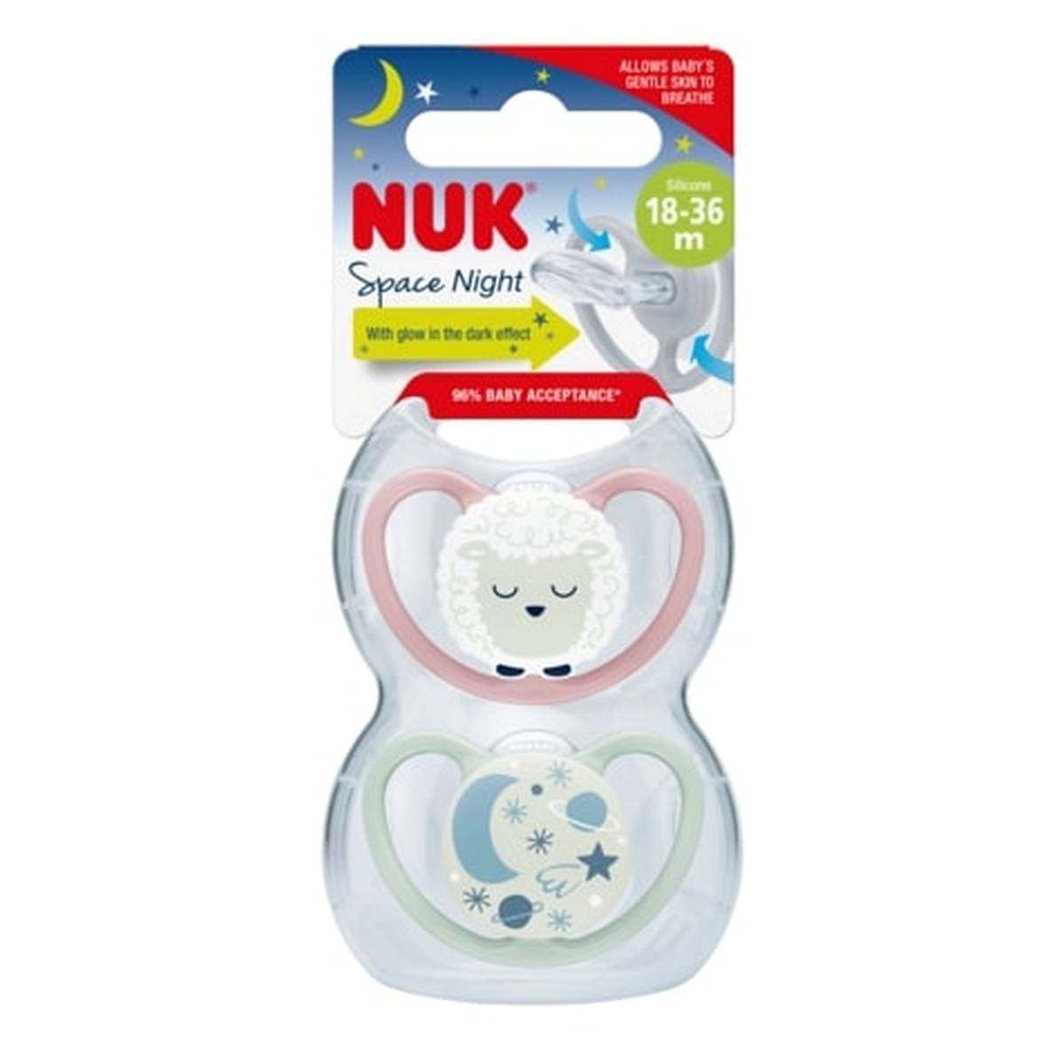 Nuk tolažilna duda - silikon Space Night vel.1 (18-36 mes), sort, 2 kosa sort