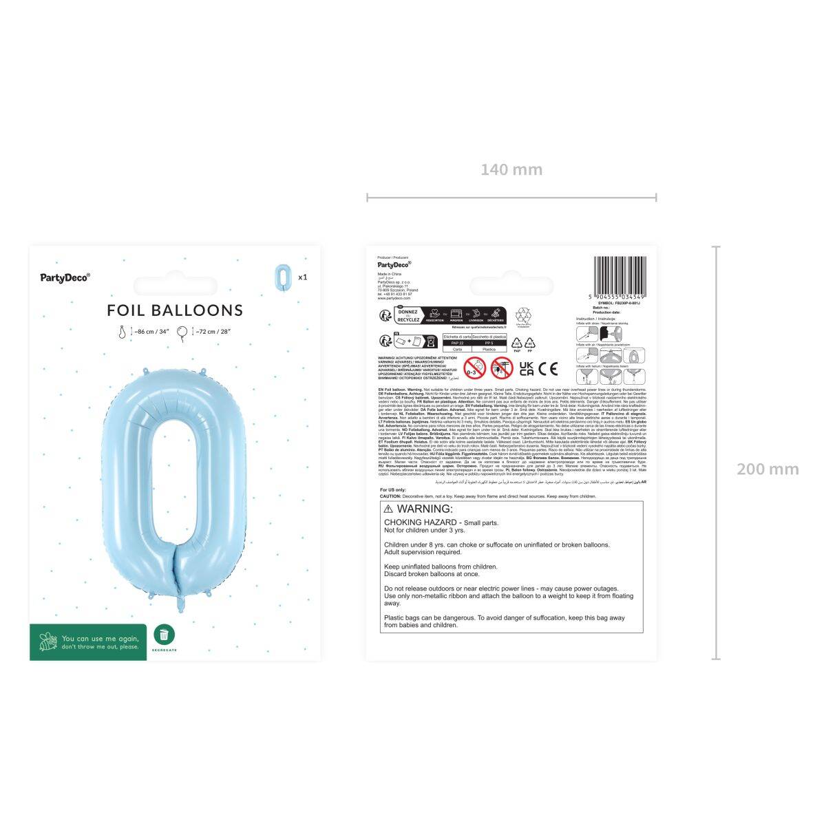 PartyDeco balon iz folije številka ''0'', 72cm, svetlo moder