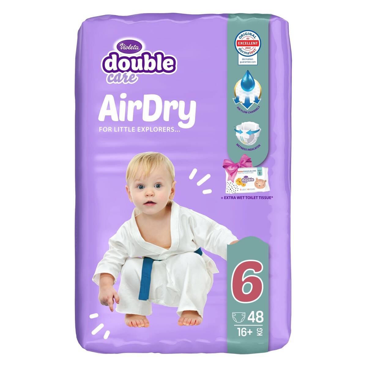 VIOLETA pelene Double Care Air Dry Junior Plus-6 jumbo (16+ kg., 48 kom)-gratis vl.toal.papir 100152