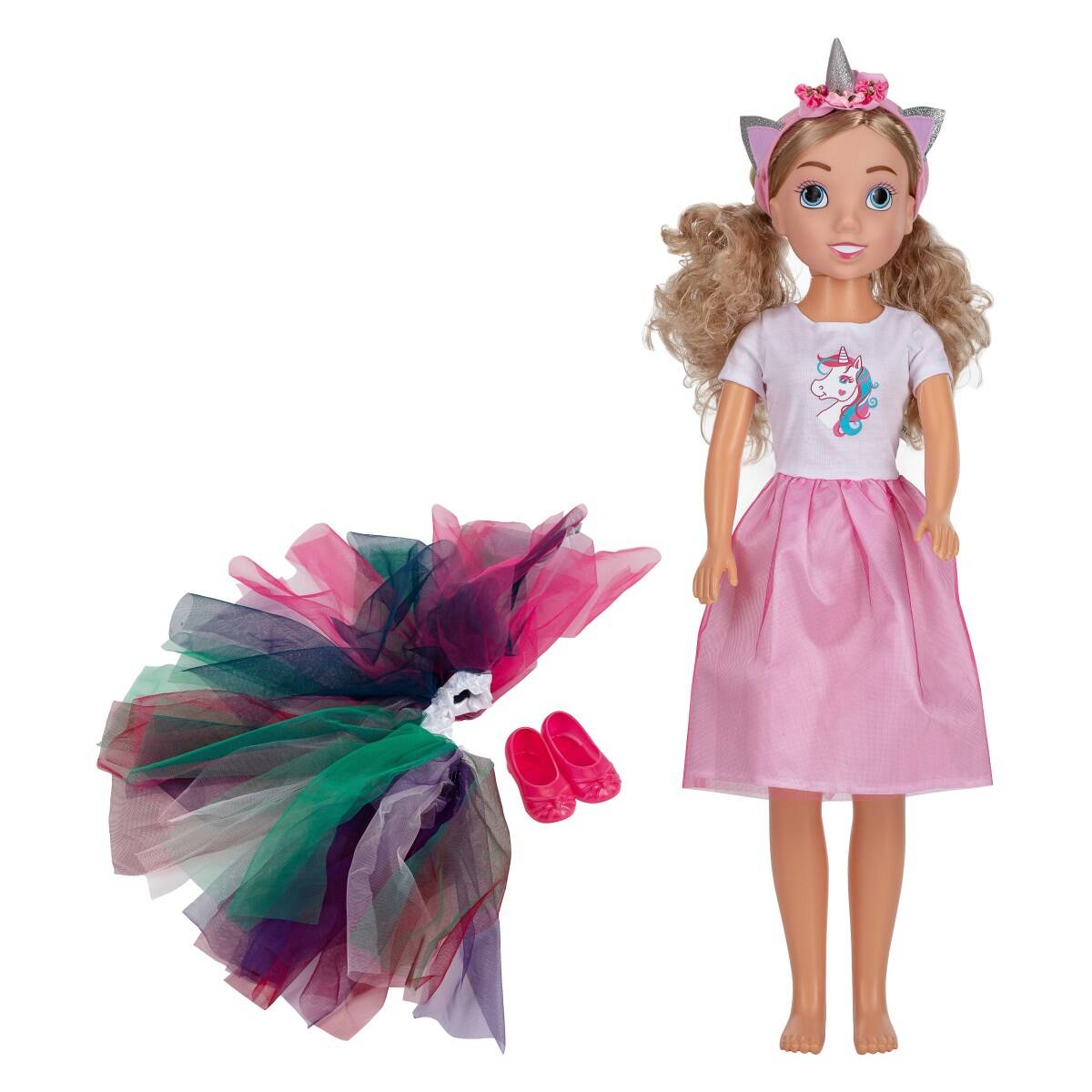 Dimian punčka Unicorn z lasnimi dodatki, 80 cm