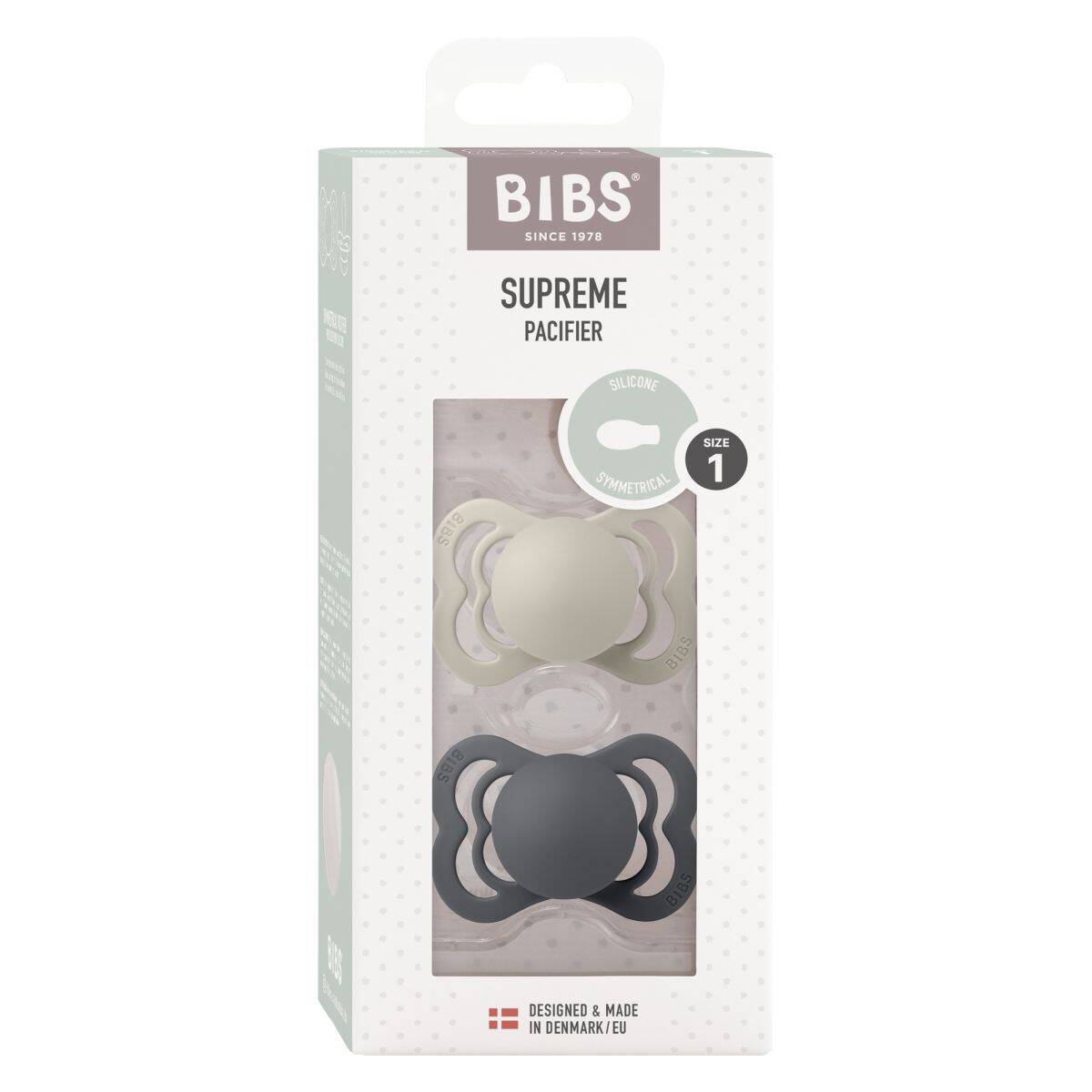 Bibs tolažilna duda - silikon Supreme simetrična, 0-6 m, 2/1 Sand/Iron