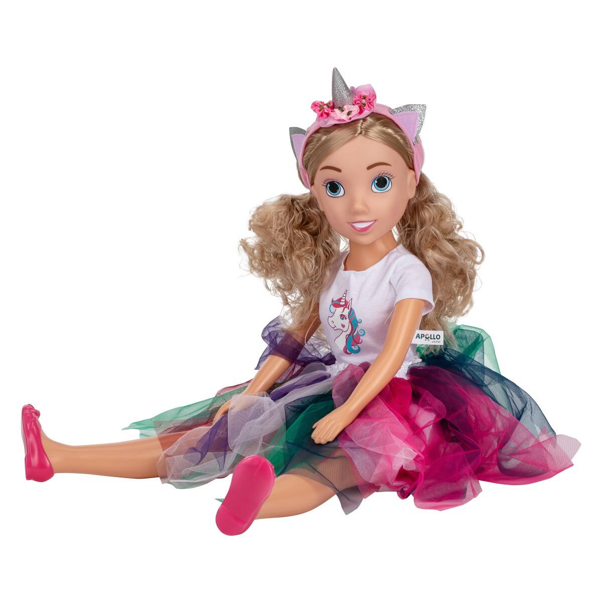 Dimian punčka Unicorn z lasnimi dodatki, 80 cm