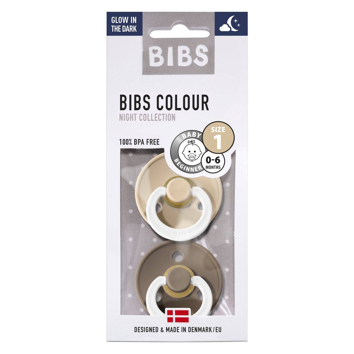 Bibs tolažilna duda - lateks Colour nočna z okroglim cucljem 0-6 m 2/1 dark oak/vanilla