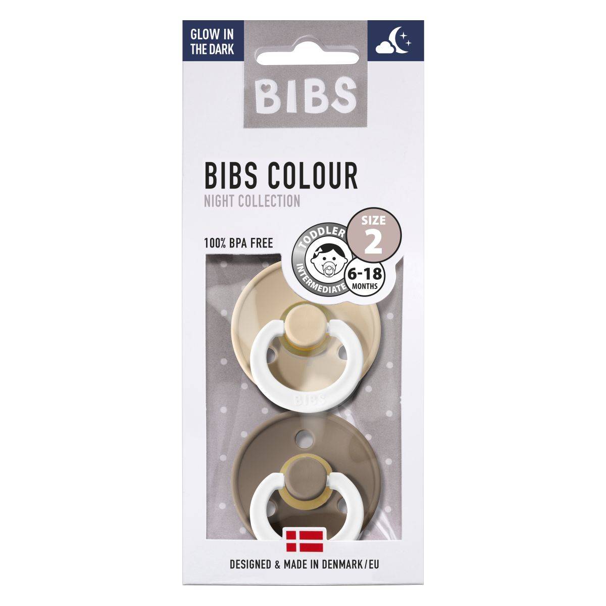 Bibs tolažilna duda - lateks Colour nočna z okroglim cucljem 6-18 m 2/1 dark oak/vanilla