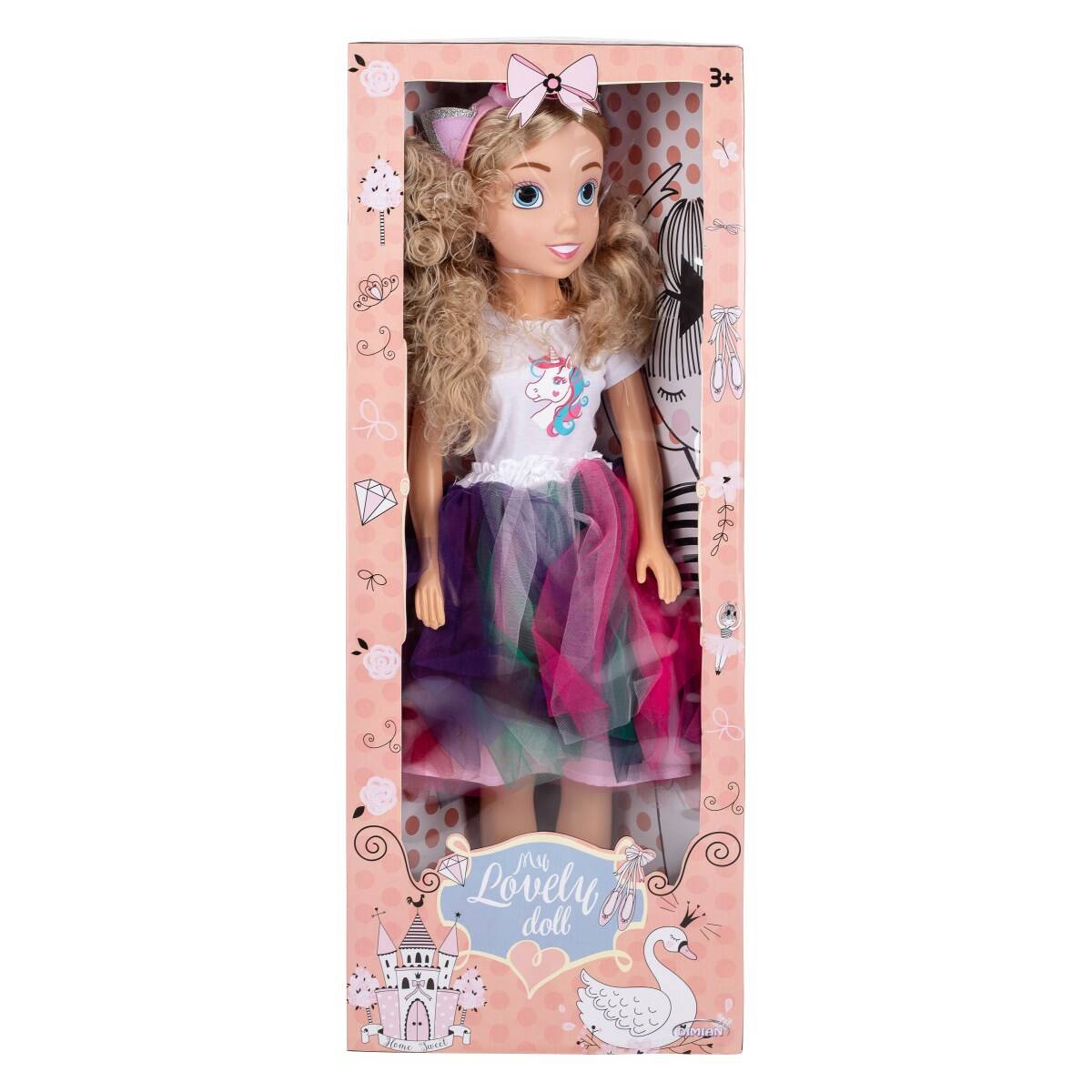 Dimian punčka Unicorn z lasnimi dodatki, 80 cm