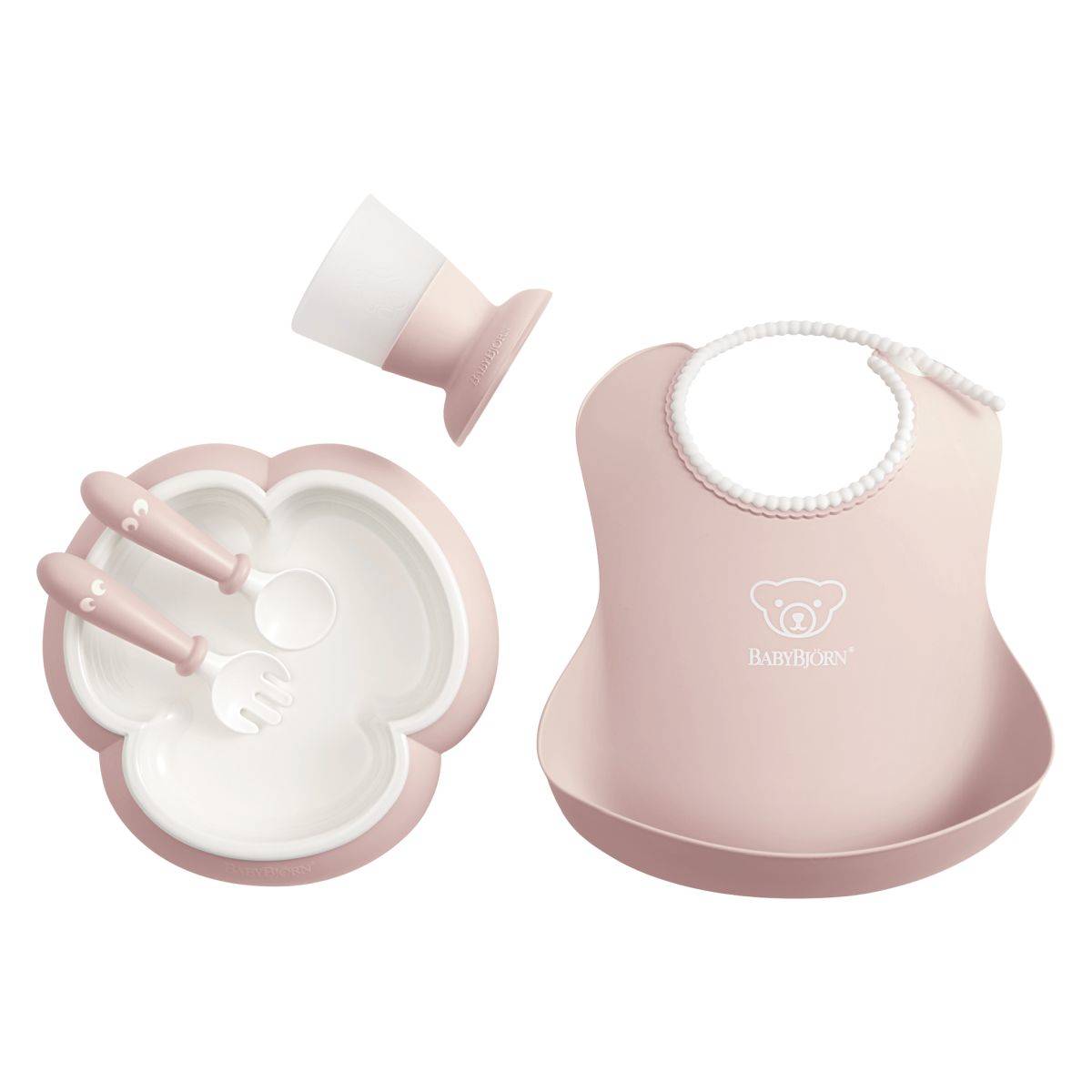 BabyBjörn komplet jedilni set slinček, krožnik, lonček, žlica in vilice Powder Pink