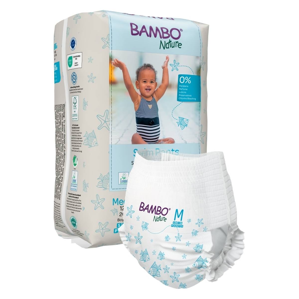 Bambo Nature plavalne plenice za enkratno uporabo M 12+ kg white/blue