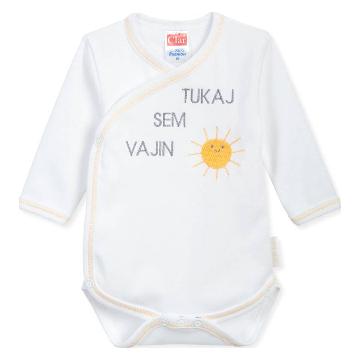 Clar perilo bodi preklop z napisom TUKAJ SEM VAJIN SONČEK DR 01661 U bela 56