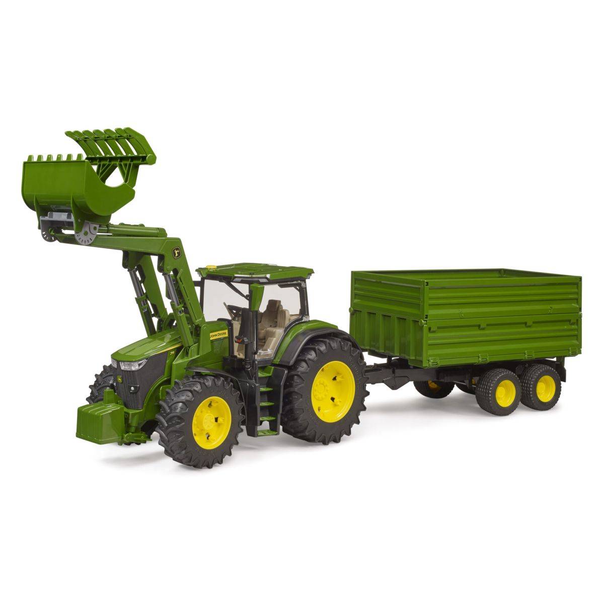 Bruder traktor John Deere 7R 350 s sprednjim nakladalnikom in transportno prikolico