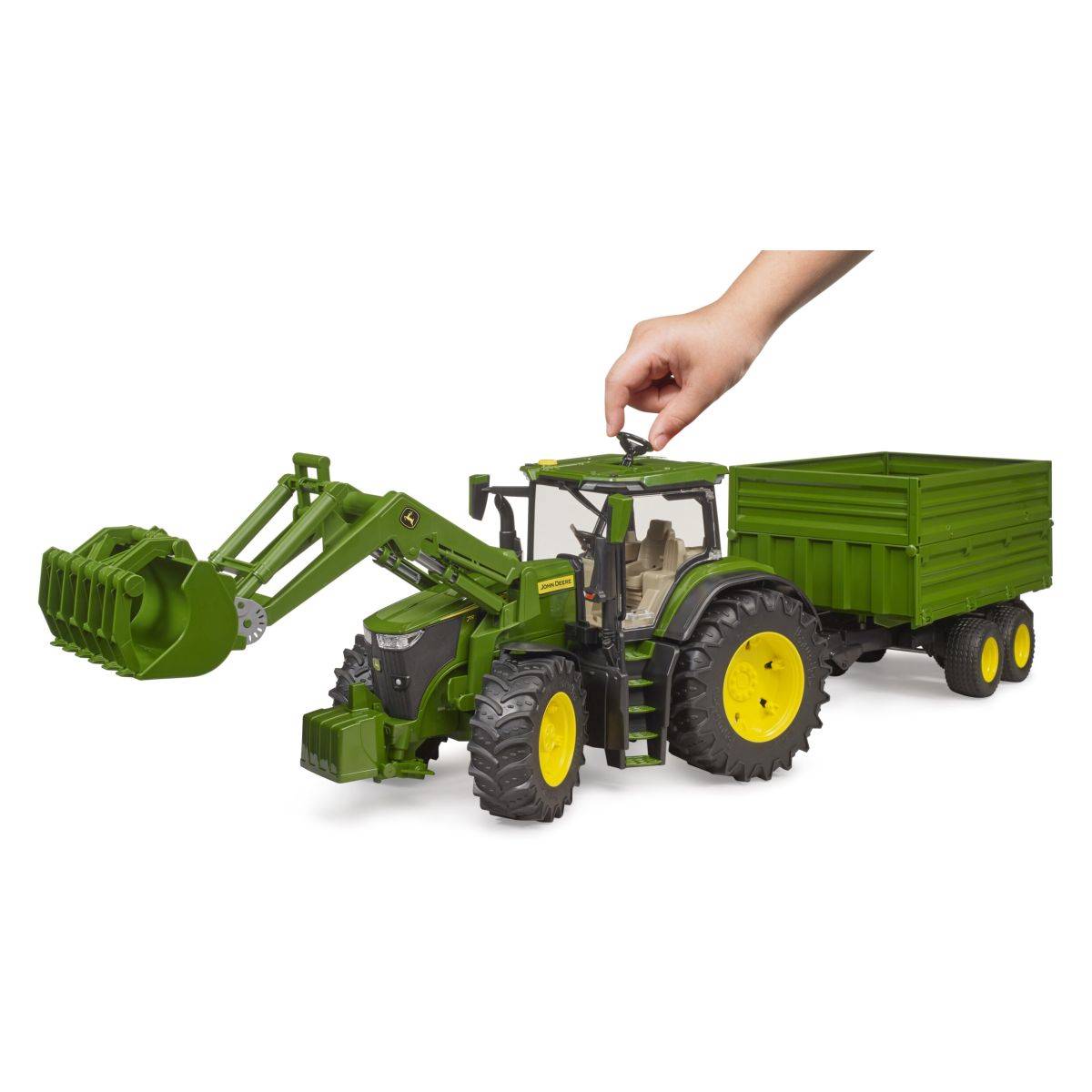 Bruder traktor John Deere 7R 350 s sprednjim nakladalnikom in transportno prikolico